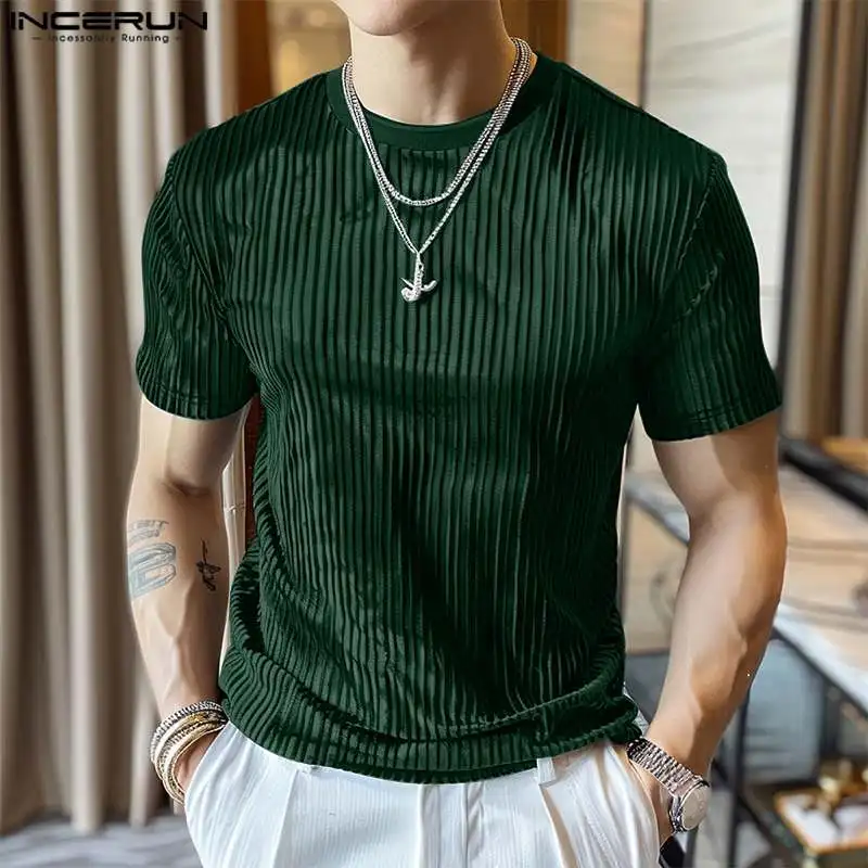 INCERUN Tops 2024 Korean Style Fashion Men O-neck Striped Suede Texture T-shirts Casual Summer Male Short Sleeved Camiseta S-5XL