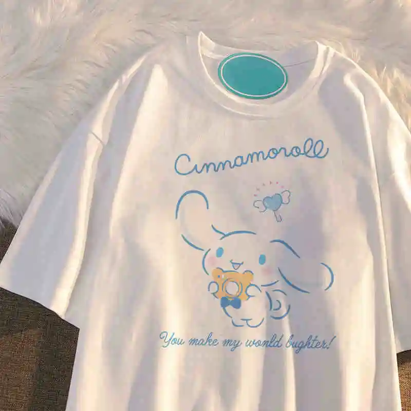 

Sanrio Kawaii T-shirt Japanese Cotton Girls Short-sleeved Cute Sanrio Cinnamoroll Summer New Half-sleeved Tops College Style Ins