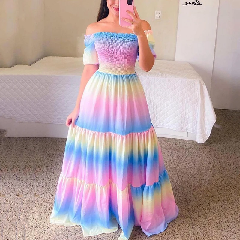 Rainbow Printed Dresses Women Sexy Off The Shoulder Tube Top Dress Floral Pink Dress Ladies Elegant Summer Party Maxi Dresses