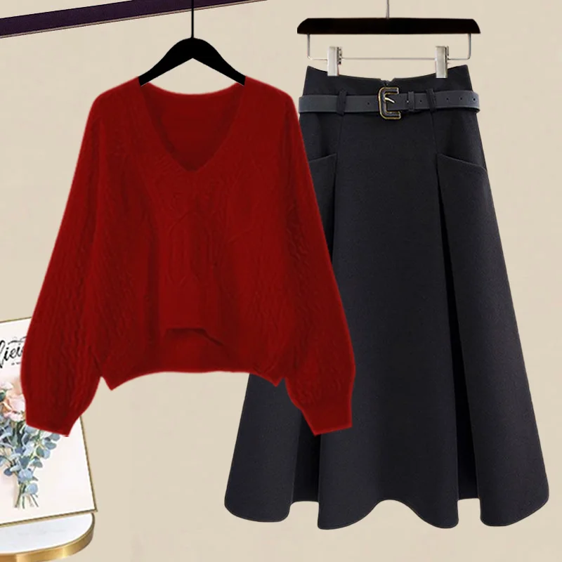 

Красный свитер с V-образным вырезом и юбкой с завышенной талией, комплект из двух предметов, женский модный зимний новогодний облегающий наряд с длинным рукавом