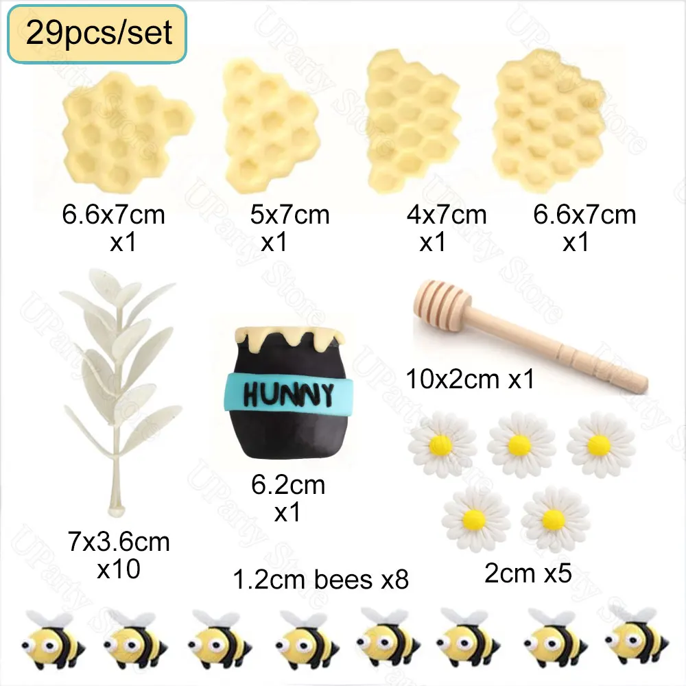 29Pcs Bee Cake Toppers Honey Jar Stick Honeycomb Cake Toppers for Bee Birthday Gender Reveal Baby Shower Cake Decorations Favor