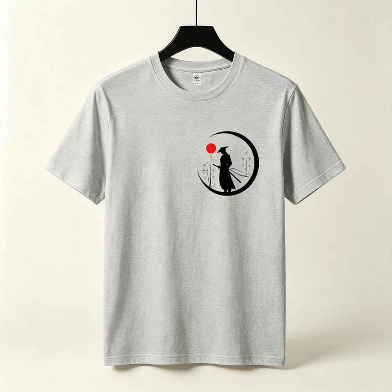 Samurai Silhouette Red Sun Bamboo Circle Enso Ink Brush Traditional Minimalist Zen Oriental Japanese Print Cotton Unisex T-Shirt