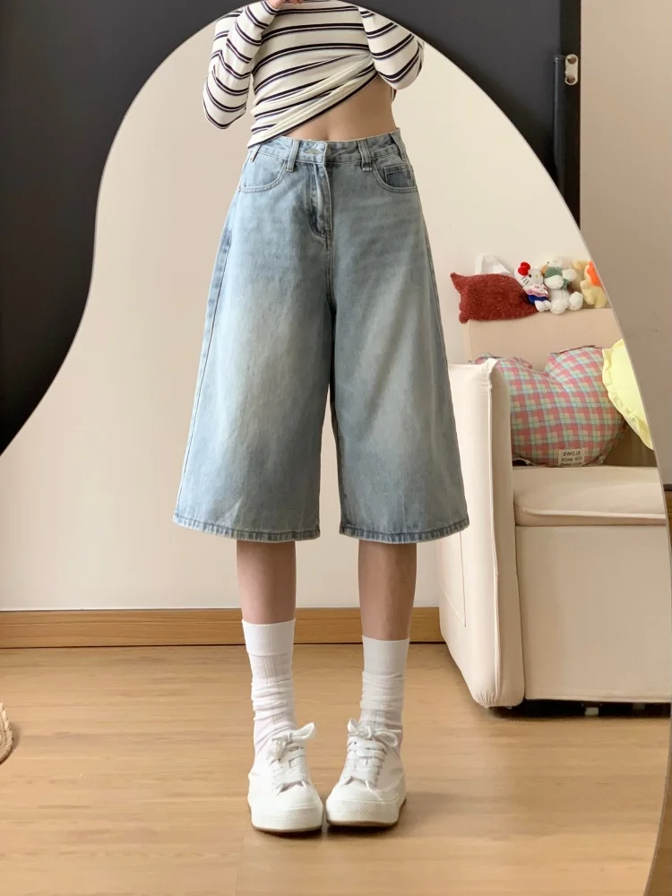 

American High Street Light Wash Wide Leg Mid-Length Jeans Women's Summer High Waist plus Size Slimming Loose Straight Short J...