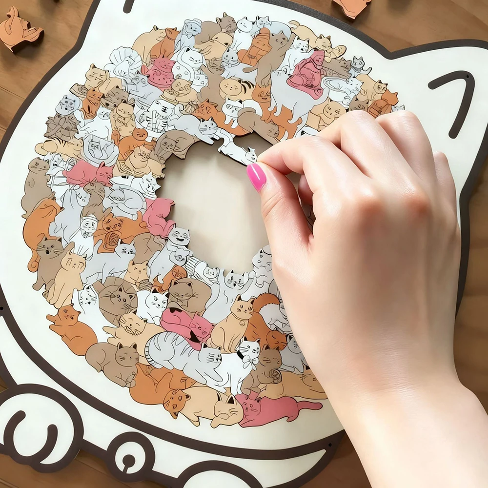 135-Piece Morandi-Colored Cat Shaped Wooden Jigsaw Puzzle, Cats Shaped Puzzle Cartoon Big Mouth Cat Creative Christmas Gifts