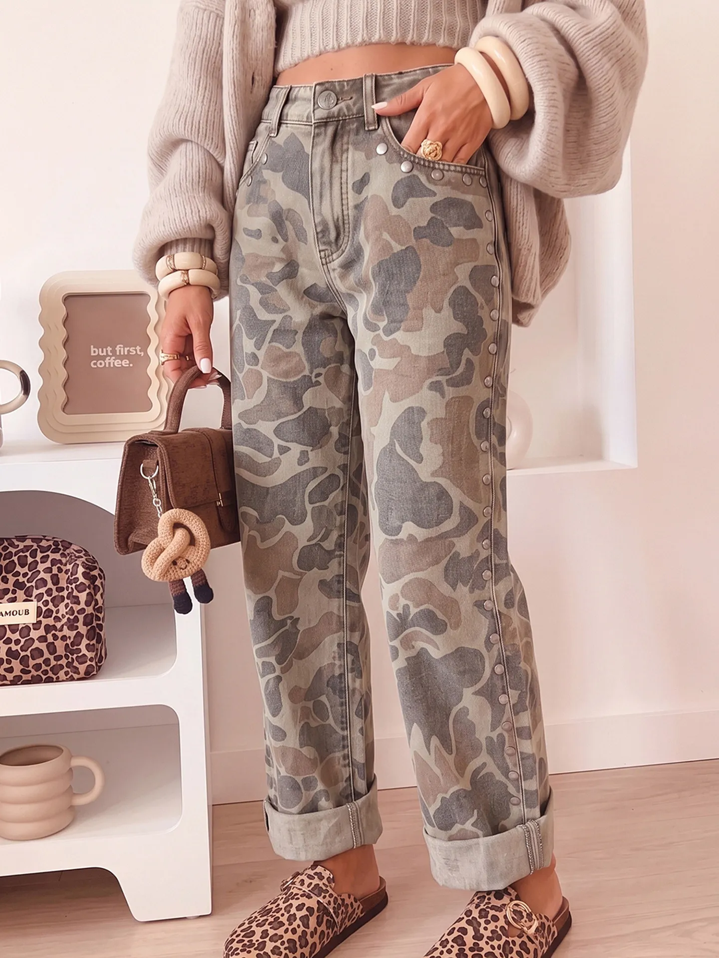 DearLover Vintage Camouflage Print High Waist Straight Leg Jeans Women's Spring Autumn New Style Side Nail Casual Denim Pants