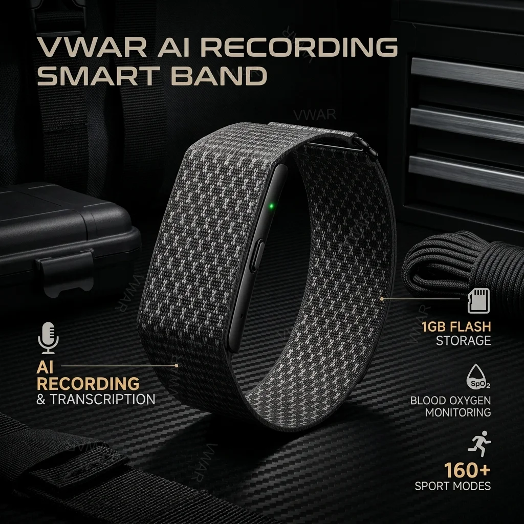 Pulseira Inteligente VWAR com Gravação por IA, 1GB de Memória Flash, Transcrição por IA, Monitor de Atividades Físicas, Medidor de Estresse, SpO2, Mon