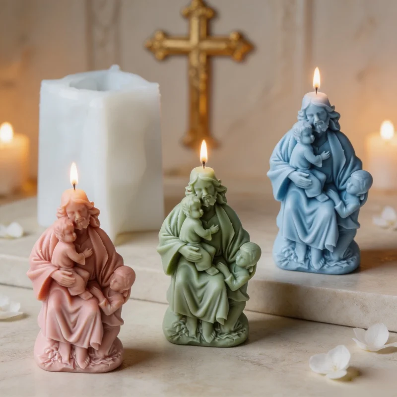 3D Holy Family Silicone Candle Mold, Saint Joseph & Kids Statue Wax Mould for DIY Soaps Resins Plaster Catholic Home Decor Gift