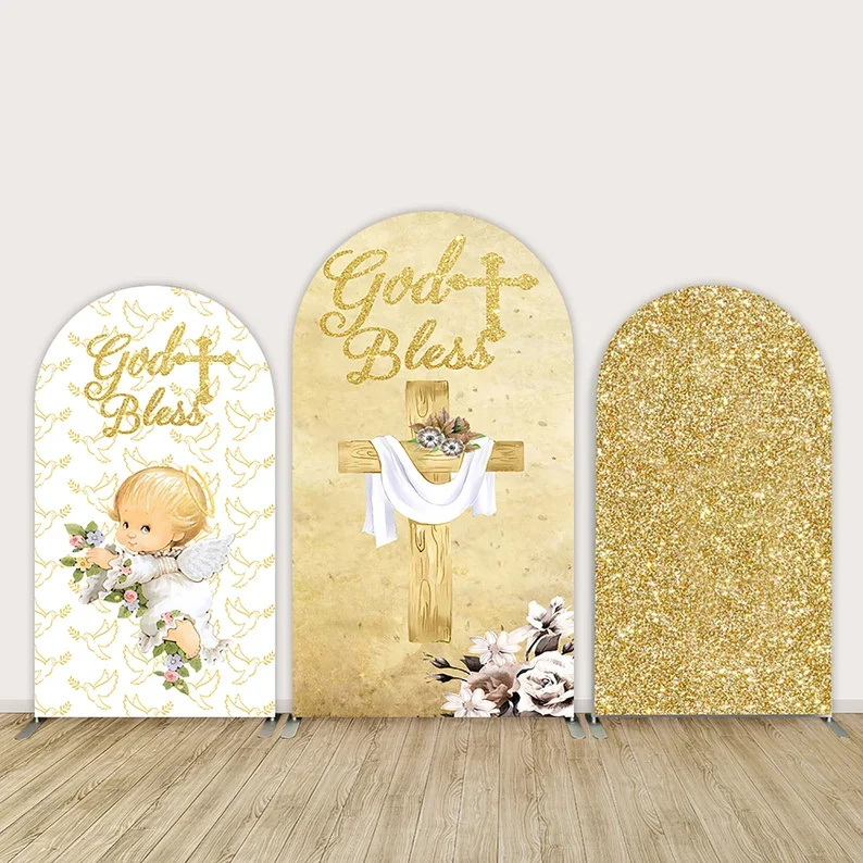 

Mehofond Gold God Bless Arch Backdrop Chiara Wall First Holy Communion Arched Chiara Background Baptism Cross Baby Shower Decor