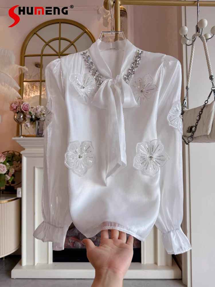 

Модная шифоновая блузка в стиле Sweet Chic для женщин, весна 2026, новая, с бантом и цветочным узором, с длинным рукавом, элегантная, уникальная, красивая.