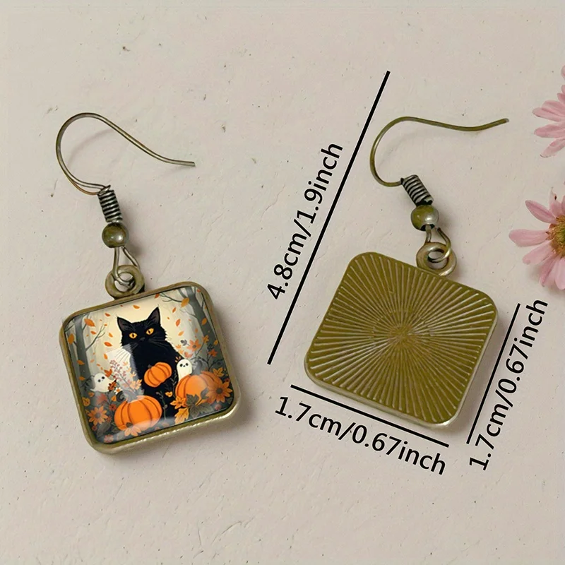 1 Pair Pumpkins Leaves Cat Square Earring Retro Glass Dangle Earrings Handmade Jewelry Gift