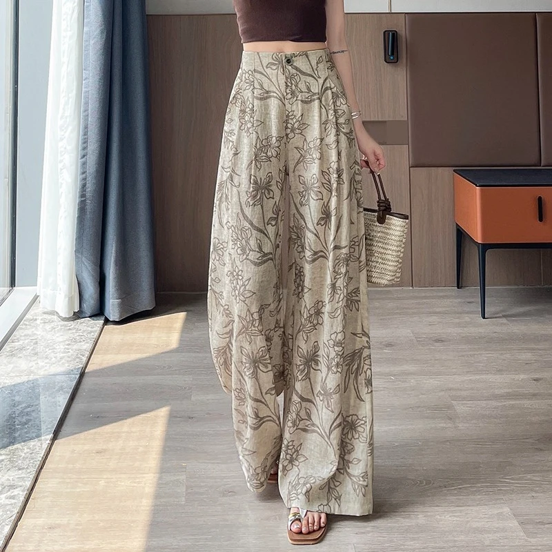 โซลวินเทจผ้าฝ้ายและผ้าลินินลายดอกไม้พิมพ์กางเกงขากว้างของผู้หญิง 2025 ใหม่เอวสูงปุ่มเดียวกางเกงหลวมๆสบายๆ