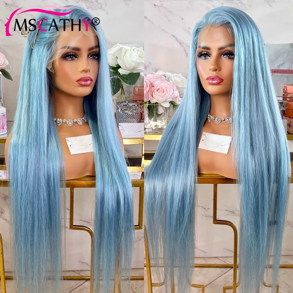 Peruca frontal de renda colorida azul clara reta para mulheres, perucas de cabelo humano brasileiras 13x6, peruca frontal de renda 13x4 HD transparente