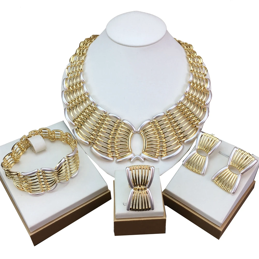 

Trendy Italian Gold-Plated Women Jewelry Set Necklace Earrings Bracelet Ring Sets Mama Birthday Gifts FHK18316