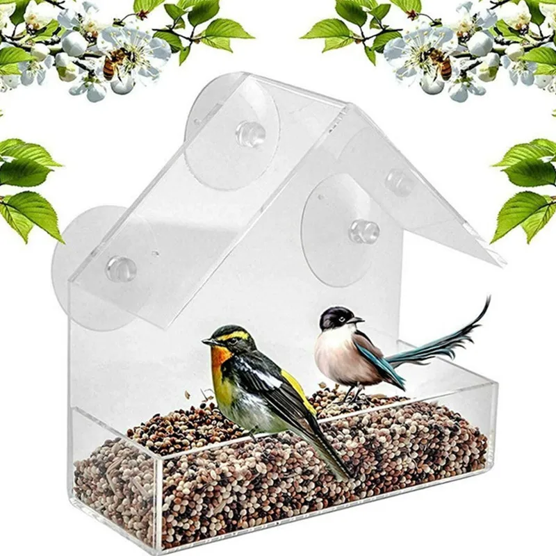 Bird Feeder Acrylic Transparent Window Viewing Bird Feeders Tray Birdhouse Pet Water Feeder Suction Cup Mount House Type Feeder