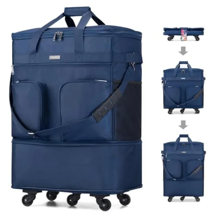 Expandable Collapsible Luggage with Wheels for Travel, Lightweight Polyester Suitcase in Blue, Large Capacity with 360 Spinner