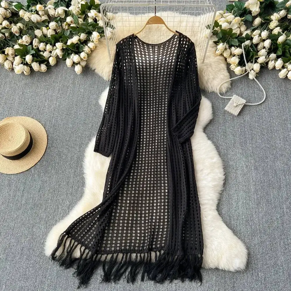 

Elegant Long Sleeves Vintage Hollow Out Knitted Shawl Tassel Loose Cardigan Long Top Fashion Beach Vacation High Street Clothing