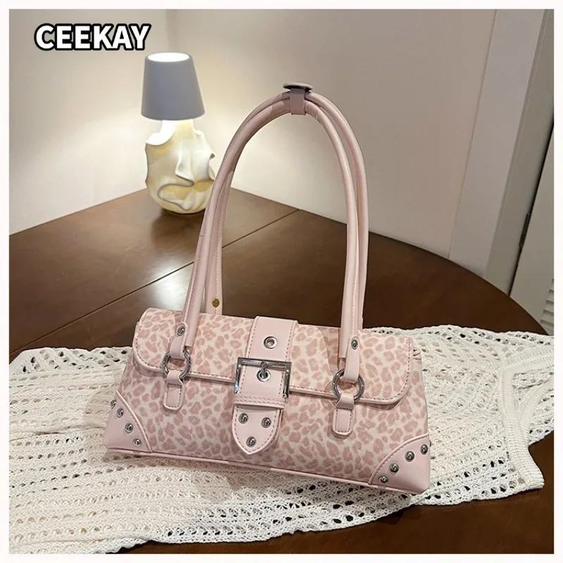 CEEKAY Pastel Leopard Pattern PU Handbag Simple Flip Metal Buckle Decor Full Matching Long Shoulder Strap Rivet Detail Casual