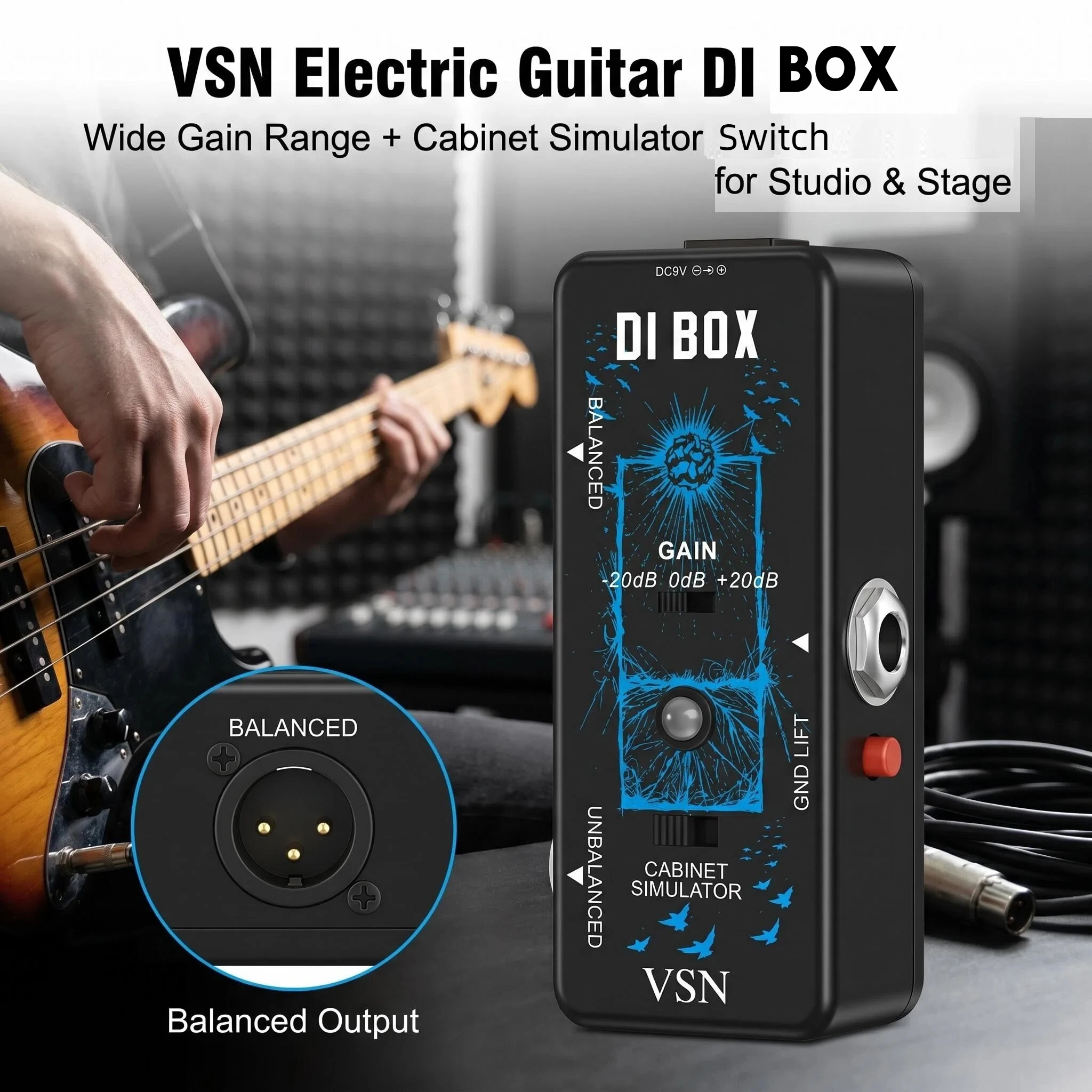 VSN Mini Guitar Pedal Direct Box DI Input Box With Gain Control Cabinet Simulator Switch Multi Functional Musical Device