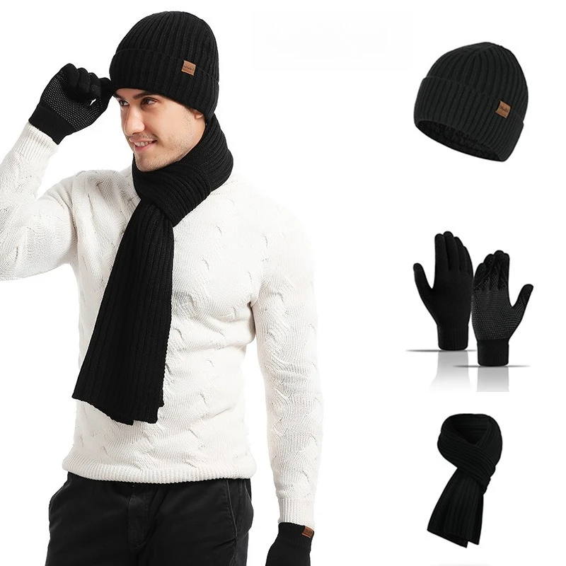 Men Women Winter 3Pcs Knit Fleece Lined Beanie Touch Screen Gloves Scarf Windproof Thermal Outdoor Ski Cycling Hat Set