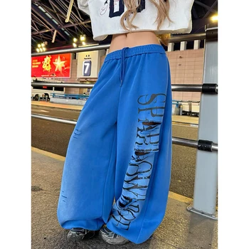 Red Y2K Baggy Letter-Print Sweatpants 4 Women Red Baggy Letter Print Ripped Sweatpants Oversize Dance Pants Harajuku Aesthetic 2000s Style Vintage Y2k Wide Trousers 4