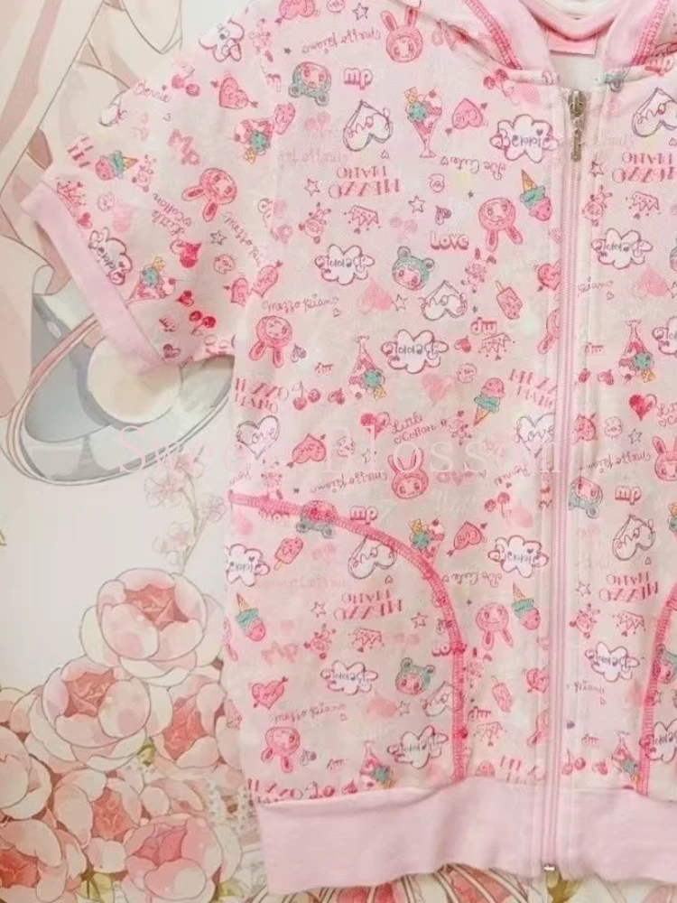 Japanese Sweet Lovely Chic Hooded Tops Women New Design Print Kawaii Short Sleeves Blouses Harajuku Y2K Slim Thin Pink Cardigan