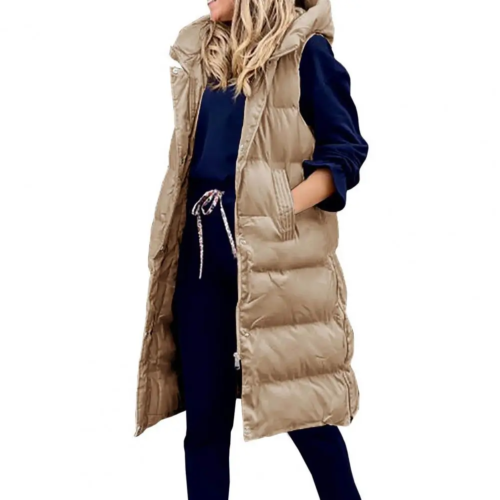 Vest Overcoat Plus Size Sleeveless Jacket Solid Color Winter Mid-Length Sleeveless Hooded Warm Cotton Waistcoat Coldproof