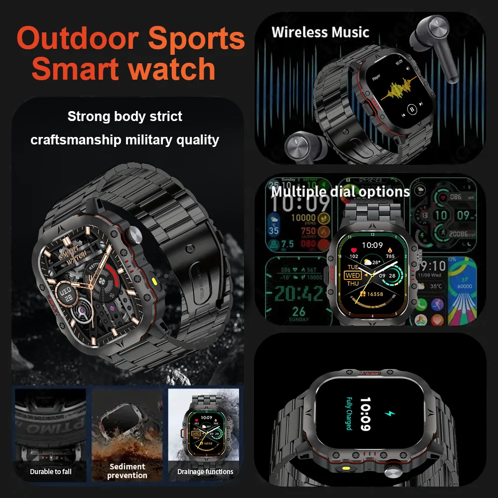 LAXASFIT New Military Smart Watch Men IP68 Waterproof Outdoor Sports Fitness Tracker 24 Hour Health Monitor 2.01 inch Smartwatch