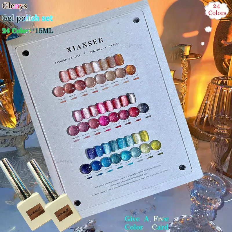 Glenys 24 color glass beads cat eye nail polish tape color card semi permanent immersion gel nail salon nail art varnish set