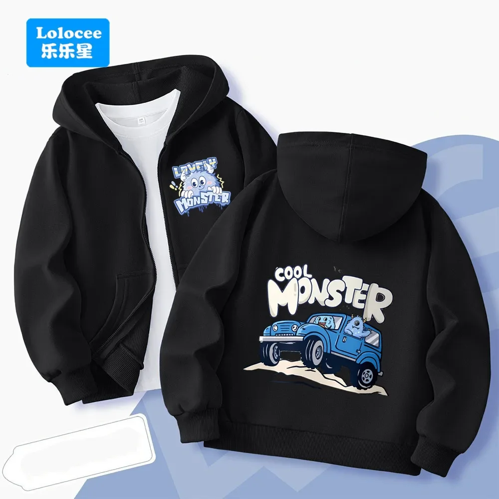 Fun zip-up hoodie for autumn and winter, featuring a cartoon monster truck print; unisex children's zip-up jacket.