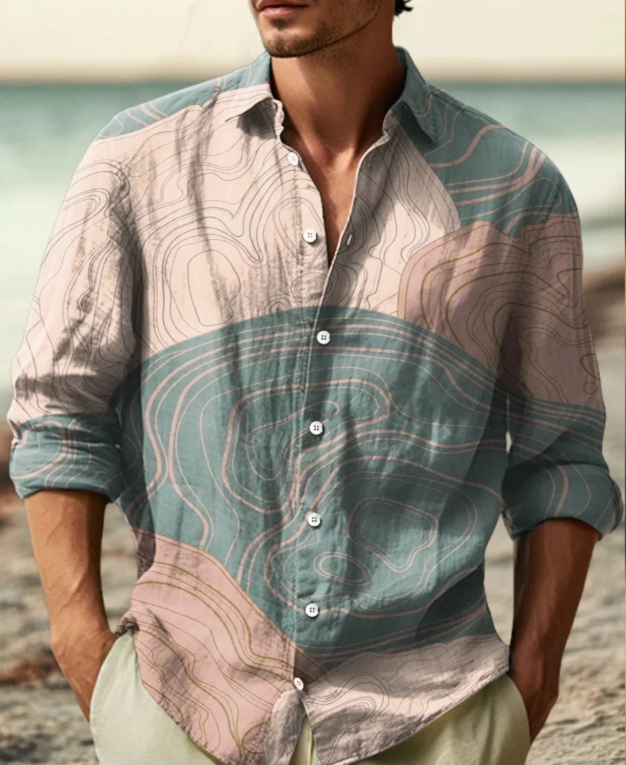 Men's retro casual shirt, fashionable and simple linen spring and autumn creative art print shirt, fast delivery - Image 3