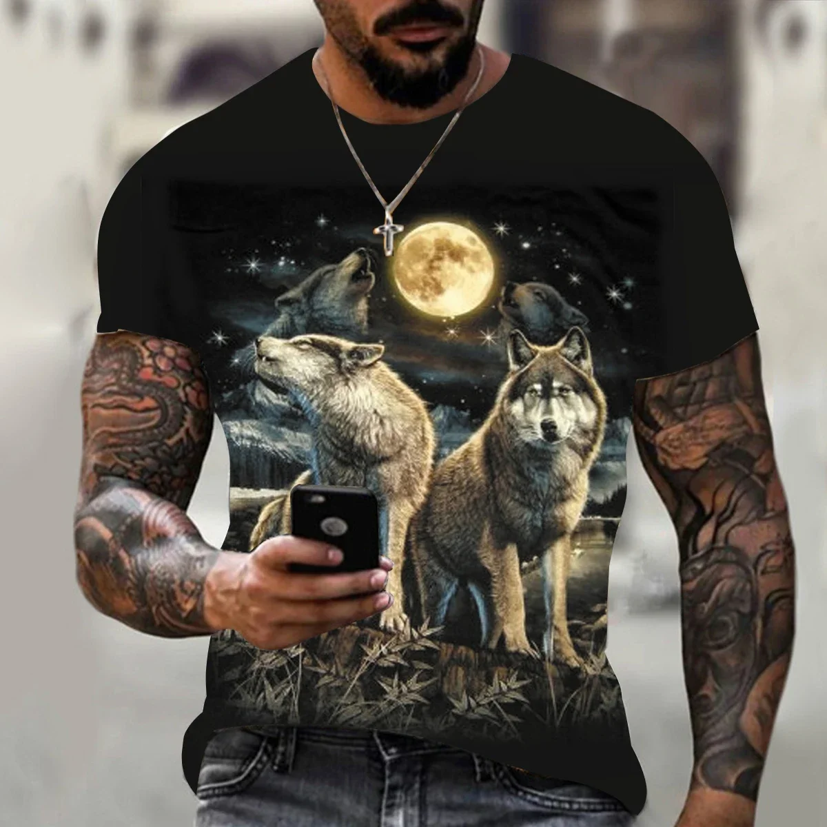 2024 New Animal Wolf T-shirt for Men 3D Printed Summer Black Crewneck Loose Short-sleeved Street Wear Oversi