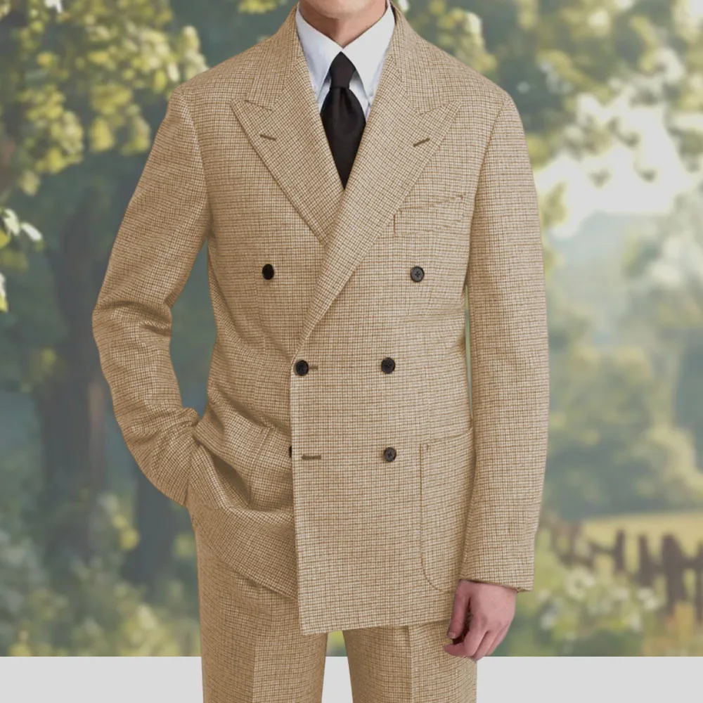 

Man Fashion Plaid suit Set Plaid Suit Jacket Plaid Suit Pants 2ps Set Double breasted slim fit suit for Business Office banquet