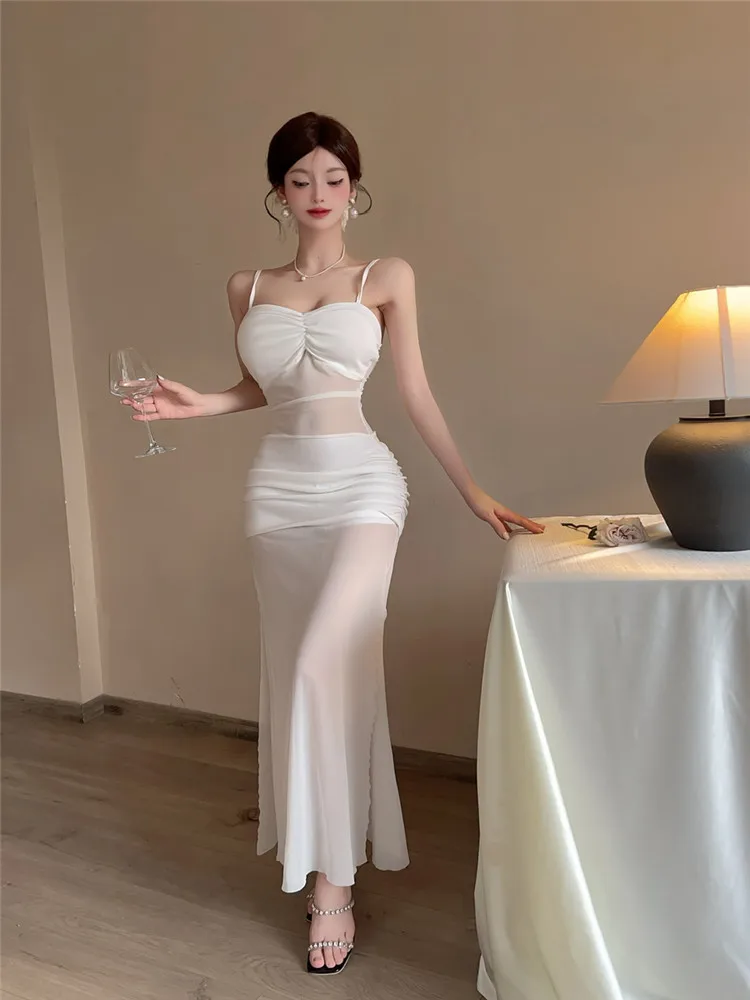 Preto branco transparente pura malha retalhos vestido longo sexy feminino alta divisão slash neck bodycon cinta deslizamento longo vestido de festa