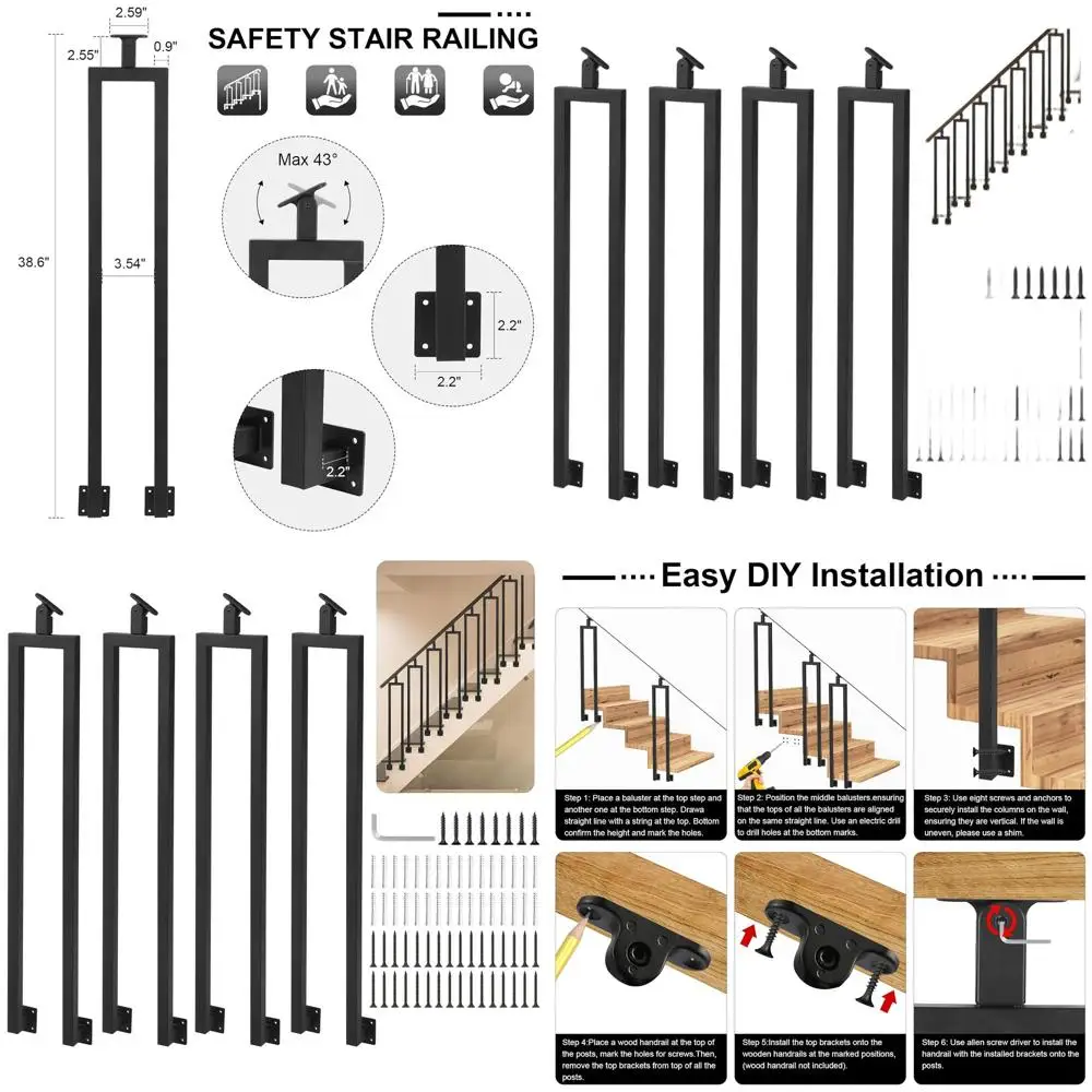 

Set of 4, 38.6 Adjustable Top Bracket Stair Balusters, Suitable for Interior Staircases, Industrial Wrought Iron, Outdoor Steps