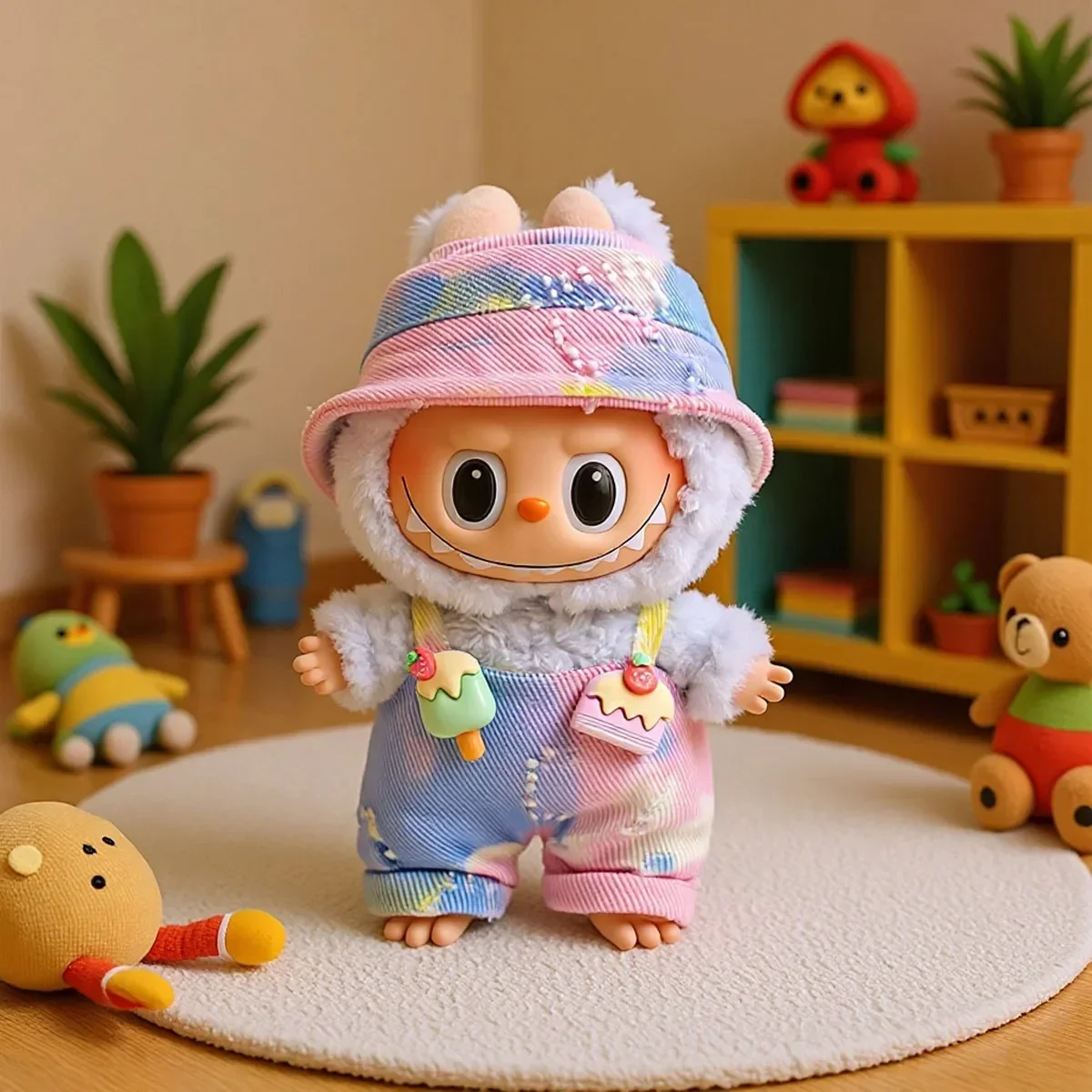 

Одежда Labubu, аксессуар, подарок, мини-плюшевая кукла, повседневный красочный комбинезон, шляпа рыбака, одежда для