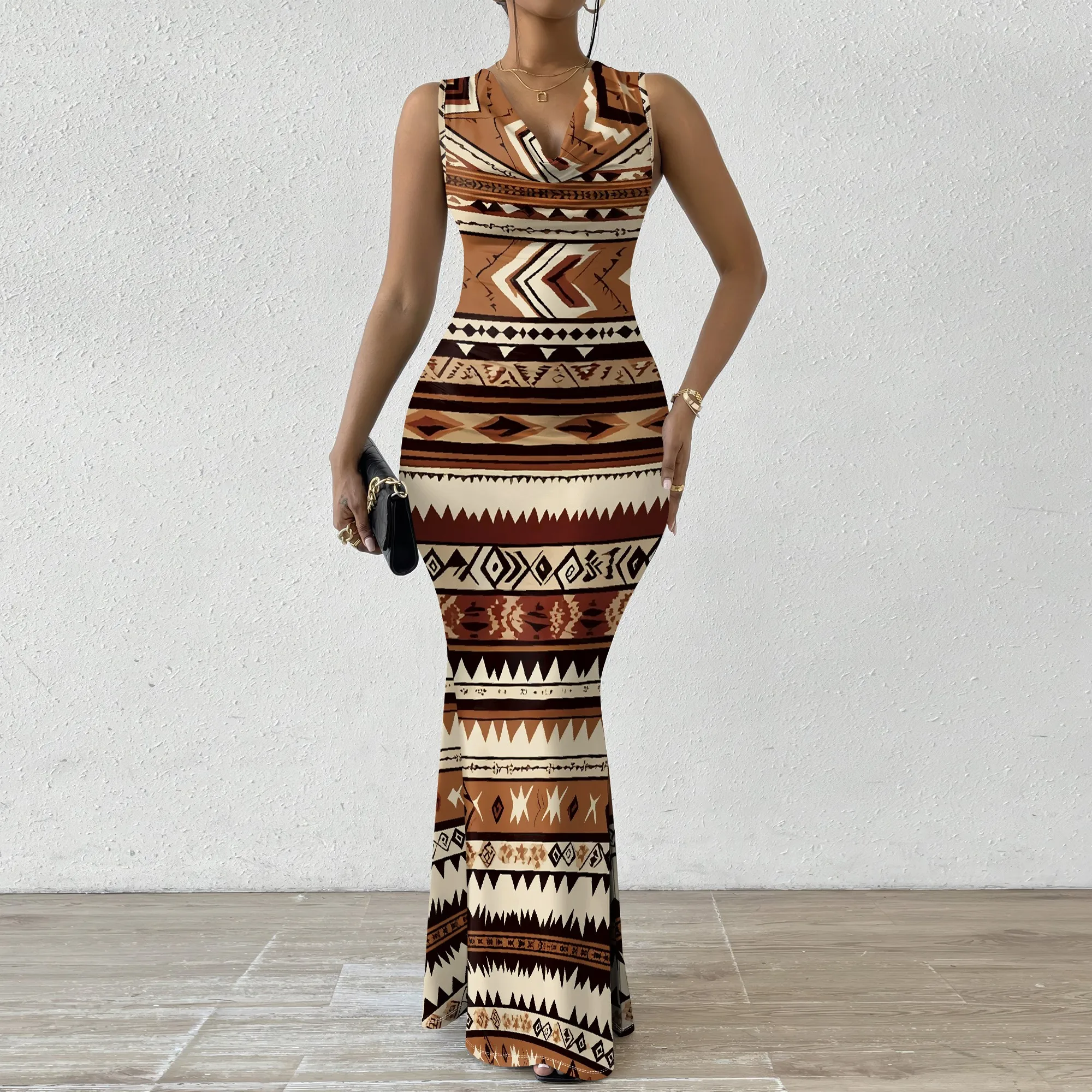

Women's Boho Maxi Dress, Tribal Print Sleeveless Bodycon V-Neck Gown for Party & Club Wear XS-2XL