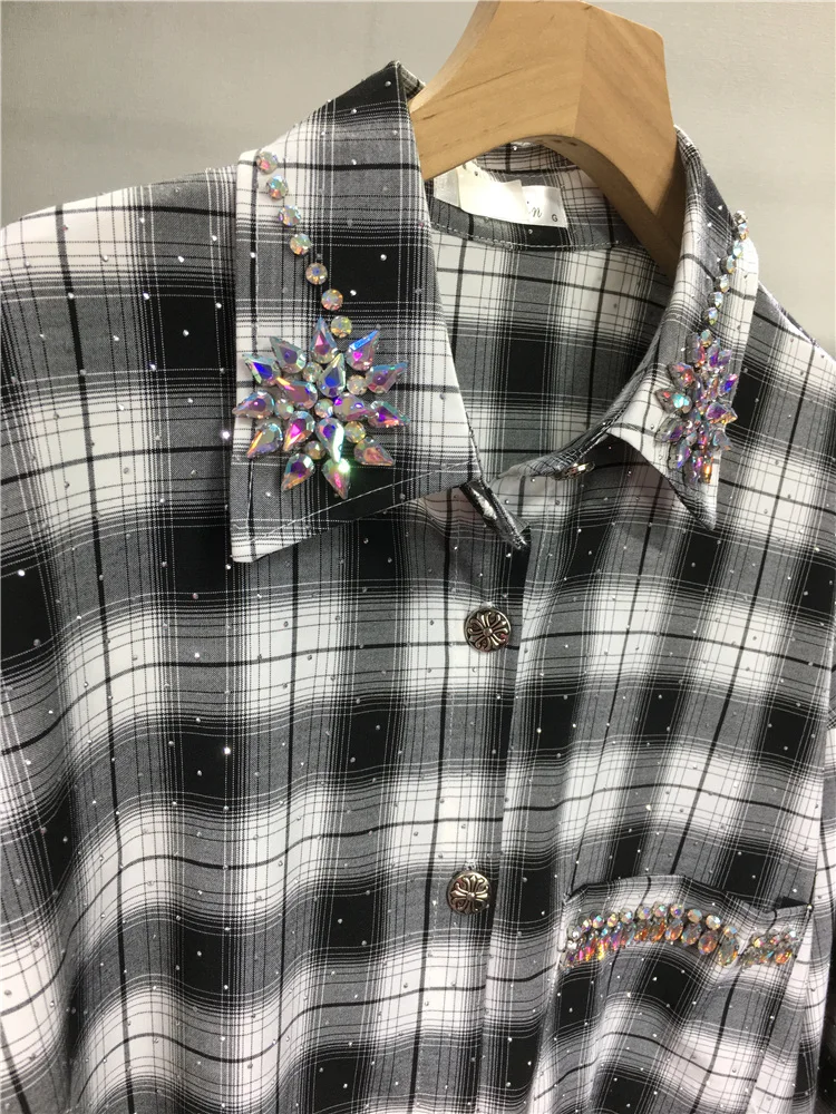 Hot Drilling Plaid Blouse Women 2024 Spring and Autumn Long Sleeve Loose Mid-Length Polo Collar Rhinestone Shirt Cardigan Female