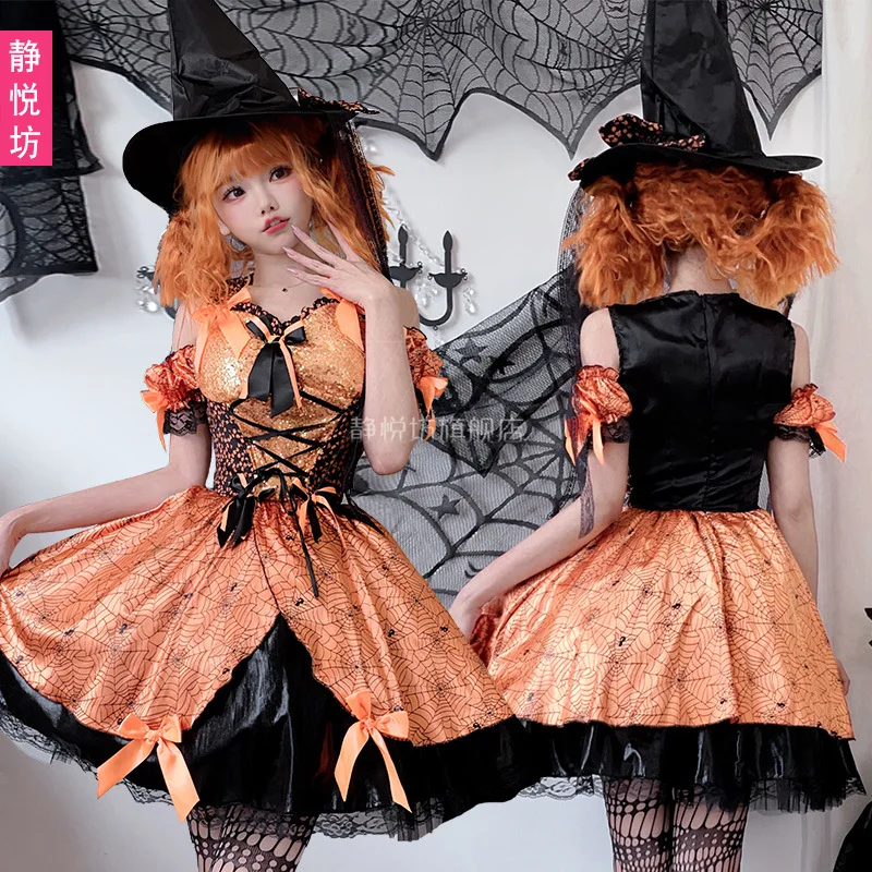 Adult Womens Halloween Orange Spiderweb Witch Cosplay Costume Black Hat Lace Up Mini Dress Fancy Outfit Stage Performance view 3