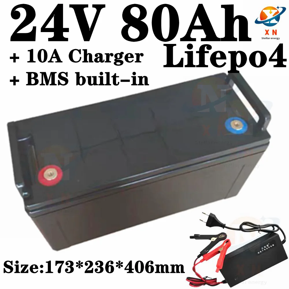 Portable lifepo4 24v 80Ah battery pack with BMS 8s for electric car energy storage HEV UPS E-motor back up power+10A Charger