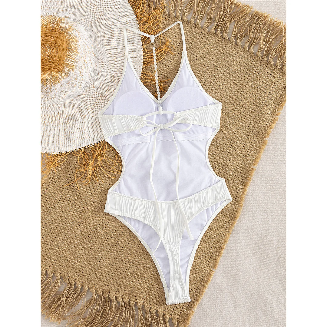 S - XL Sexy Perlen, geraffter V-Ausschnitt, Damen-Badeanzug, einteiliger Badeanzug, rückenfreier, hoch geschnittener Badeanzug, Badebekleidung, Badeanzug V7720 – Detail 4