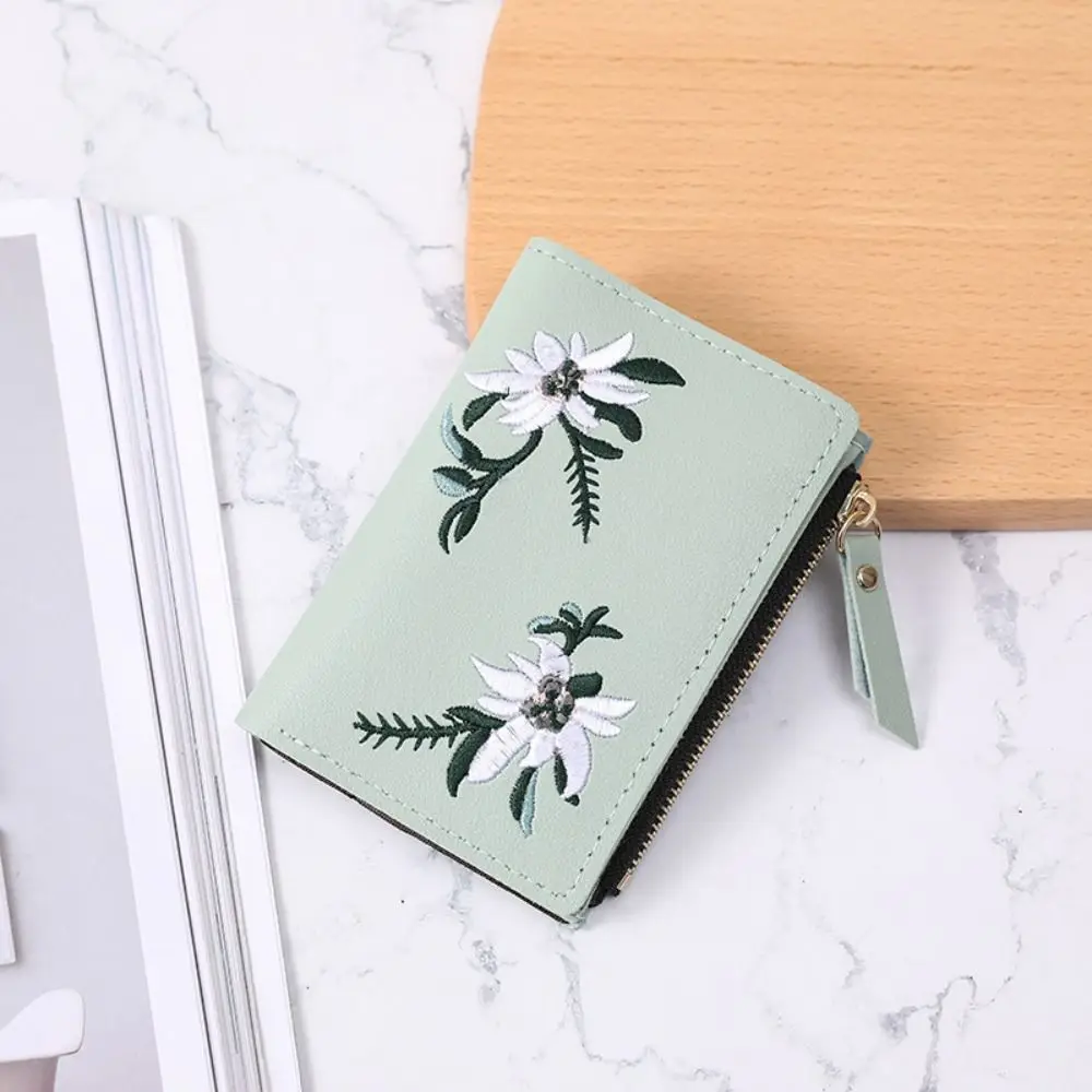 Compact PU Embroidered Wallet Coin Pocket Ample Cash Storage Small Purse Fashion Korean Coin Purse Young Adults