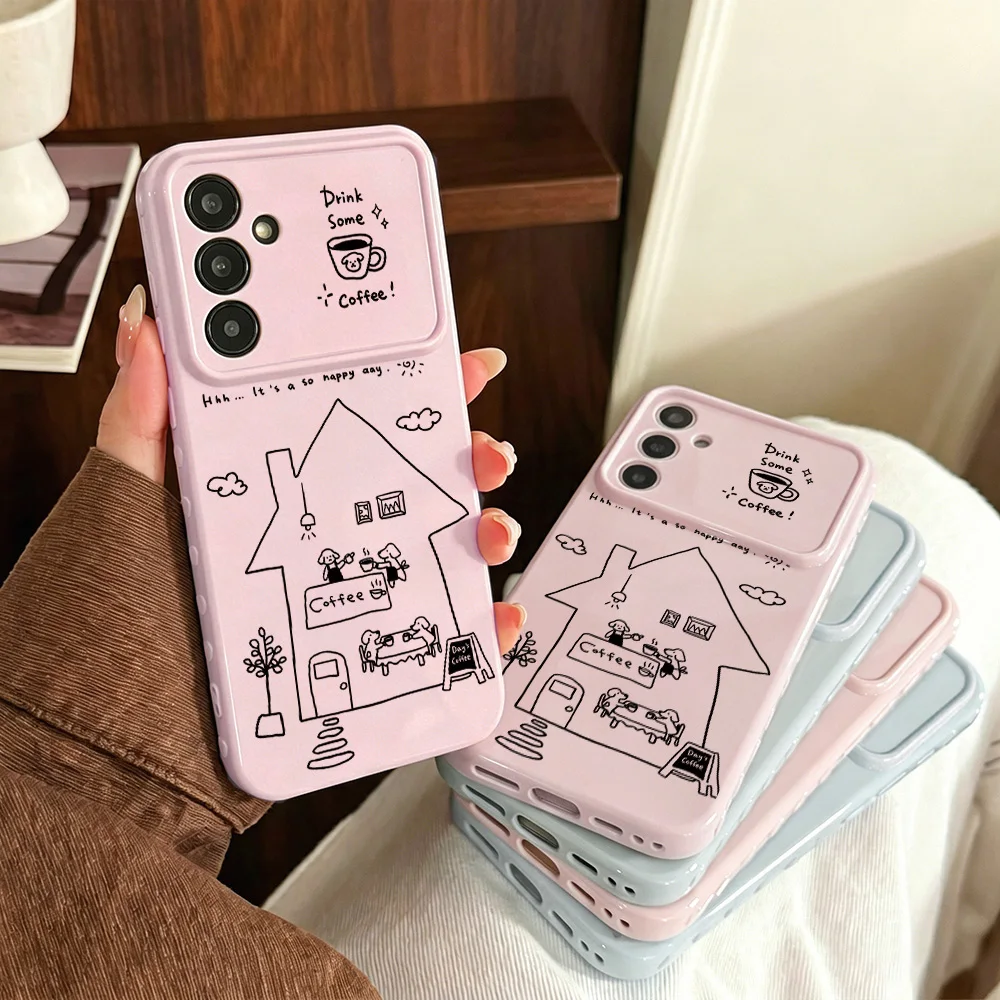 Cute Minimalist Coffee Shop Puppy Pattern Phone Case for Samsung Galaxy A56 A55 A54 A37 A36 A35 A17 5G A16 A15 A07 A06 4G Cases