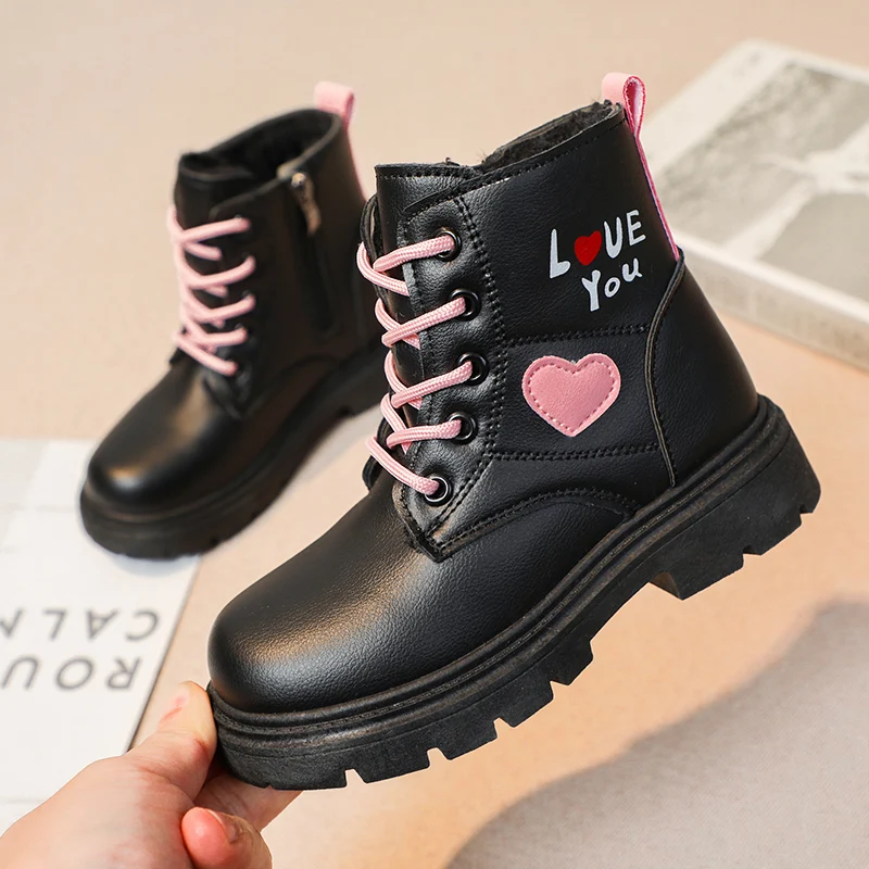 Girls Ankle Boots Fashion Princess PU Leather Rubber Outsole Children\'s Short Boots Autumn Winter Zipper Pink with Love Heart