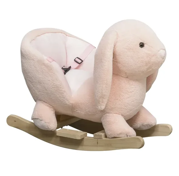 Cavallo a dondolo Qaba Rabbit, tessuto morbido peluche e base in legno, funzione sonora, comodo giocattolo da cavalcare per i più piccoli, rosa