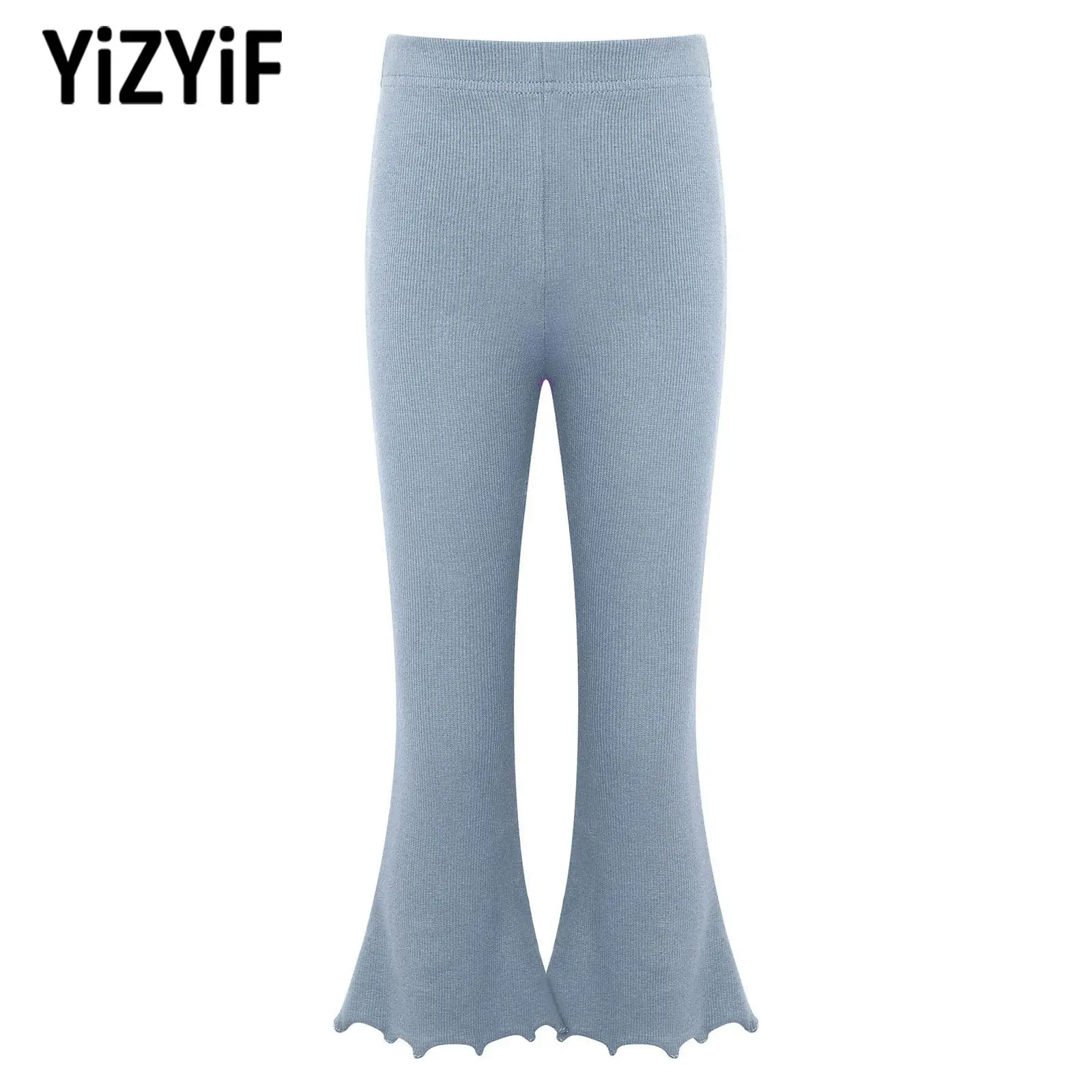 Kids Girls Casual Sports Dance Yoga Pants Soft Breathable Mid Waist Ribbed Bell-Bottomed Leggings Boot Cut Flared Pants Trousers