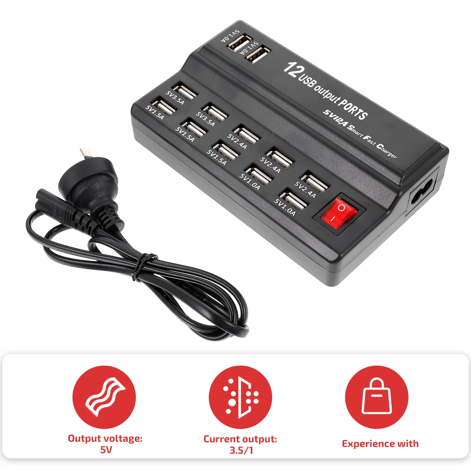 

12 Ports Charging Station USB Power Adapter Multi Device Compatible Smartphones Tablets USB Ports Power