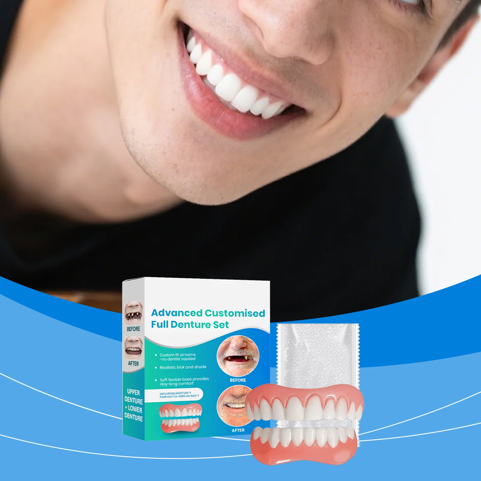 Silicone Denture Set for Upper Lower Teeth Soft Comfortable Bright White Moldable False Teeth Veneers Teeth Kit Fake Tooth Set