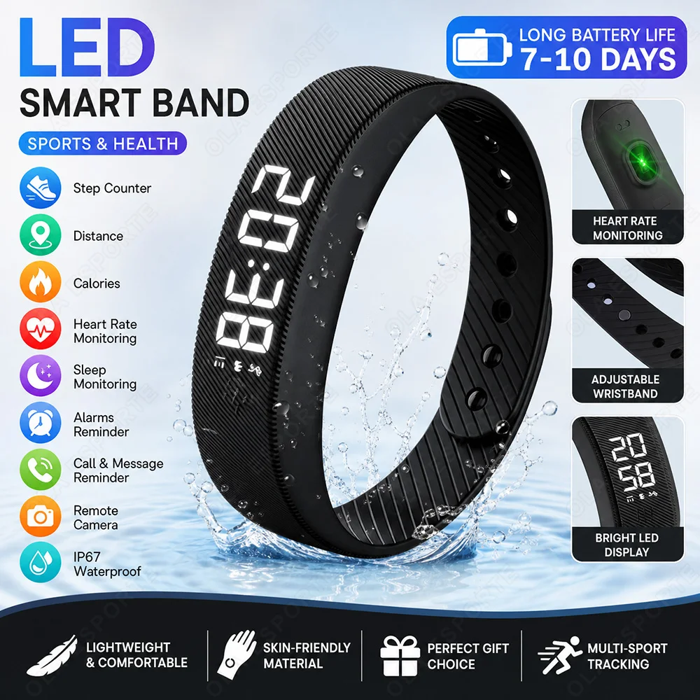 2026 LED Digital Alarm Clock Watch Adjustable Snooze-proof Alarm Bracelet with Running Pedometer Waterproof Vibrating Alarm H10