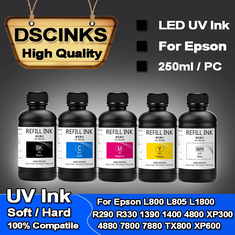 

250ml UV Ink kit For Epson L800 L805 L1800 R290 R330 1390 1400 4800 4880 7800 7880 TX800 XP600 XP300 UV DTF Prniter LED UV Ink