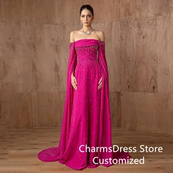 Luxury Arabian Evening Dress Customized Boat Neck Long Sleeves Beading Sequined Chiffon A Line Formal Party Gown Prom Dress